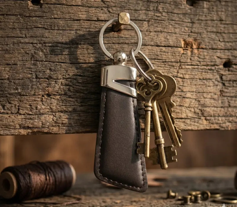 Keychain with keys attached to a leather pouch on a rustic wooden background