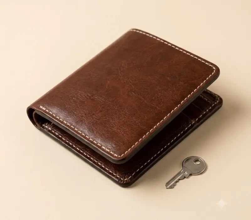 Brown leather wallet with a key on a beige background