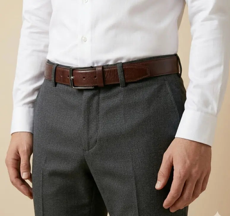 Person wearing a white shirt, gray pants, and a brown belt on a beige background