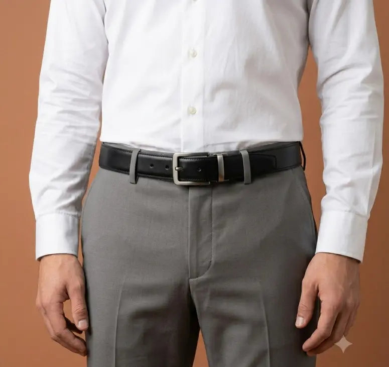 Person wearing a white dress shirt, gray pants, and a black belt on a brown background