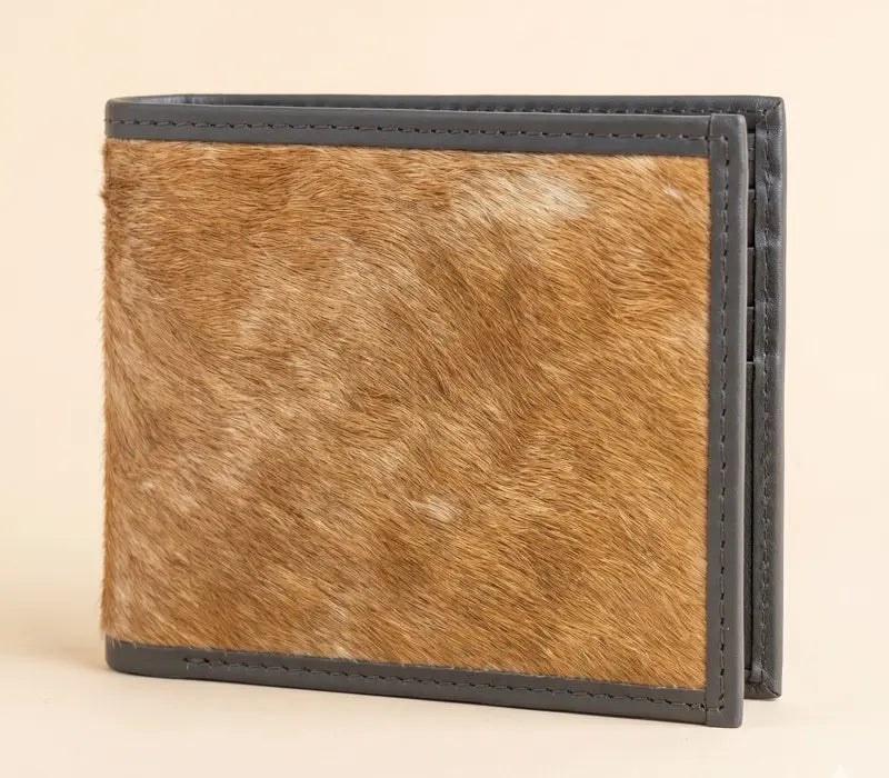 Wallet with brown fur pattern and gray border on a beige background
