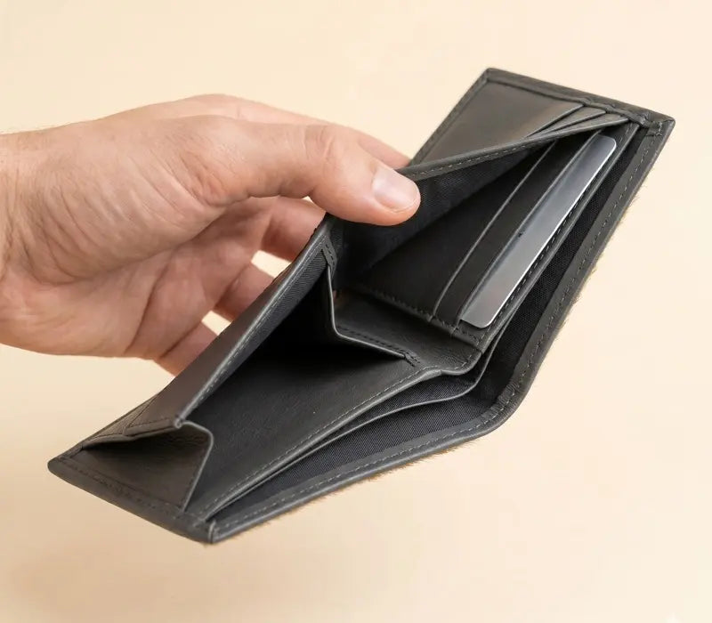 Hand holding an open black leather wallet on a beige background