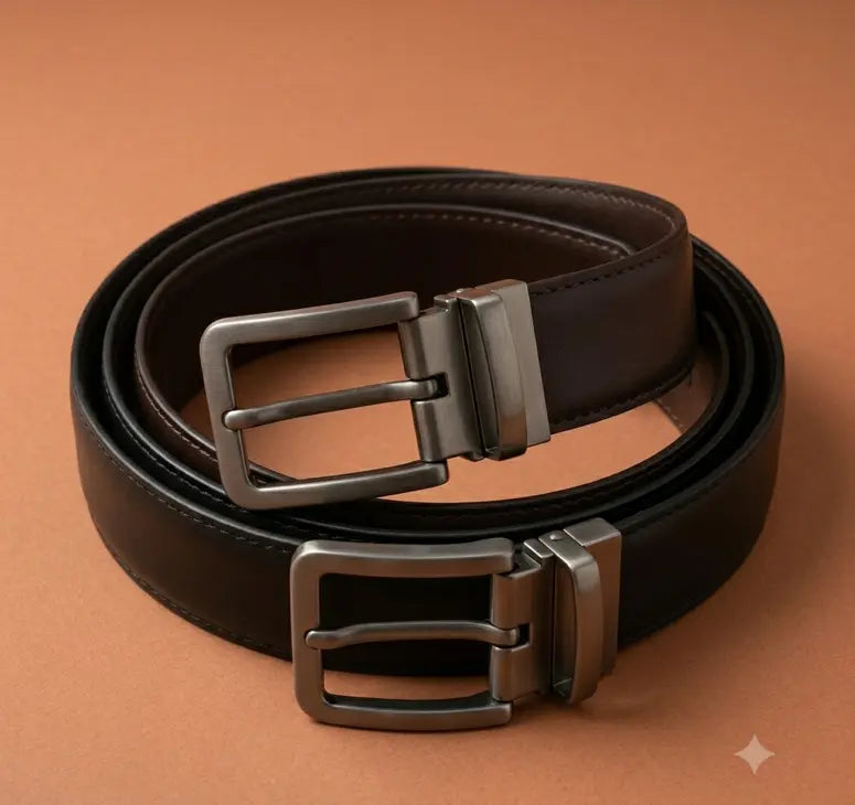 Black leather belt with silver buckle on a brown background
