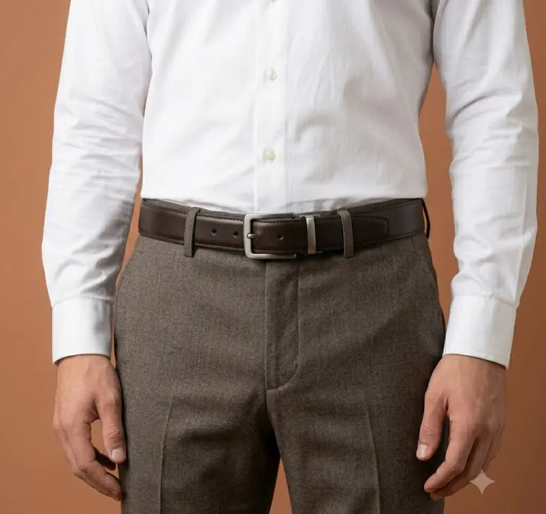 Person wearing a white dress shirt and brown pants with a belt on a brown background
