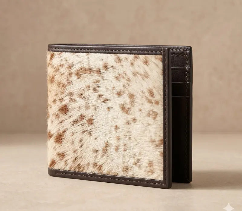Wallet with cowhide leather pattern on a beige background