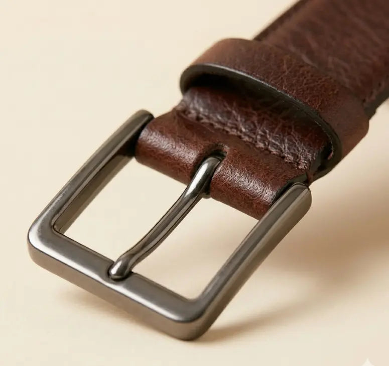 Brown leather belt with a silver buckle on a beige background