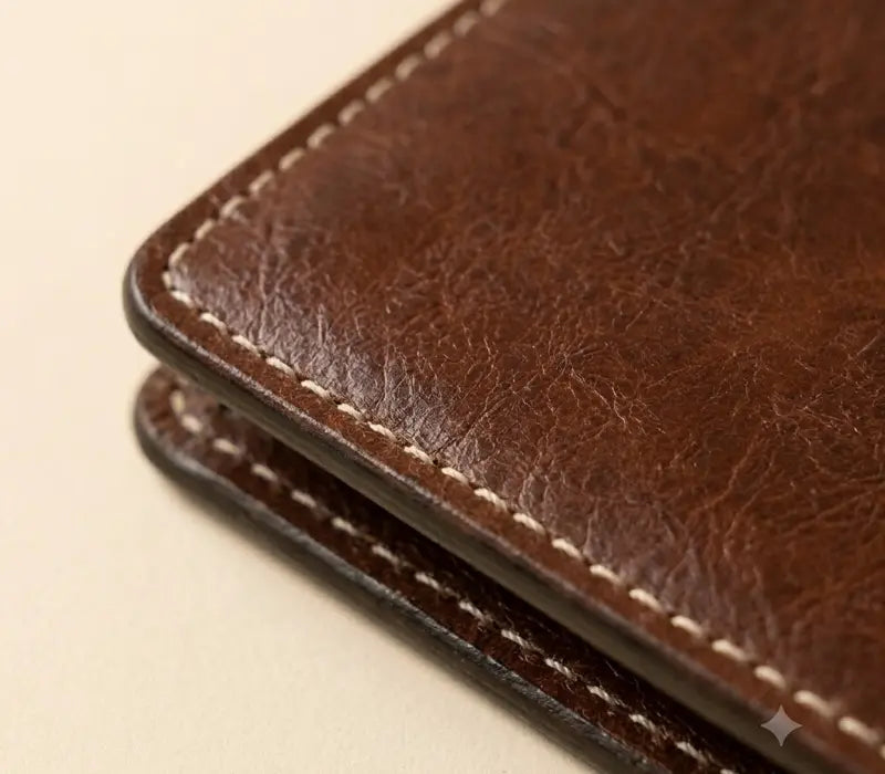 Close-up of a brown leather wallet with visible stitching on a beige background