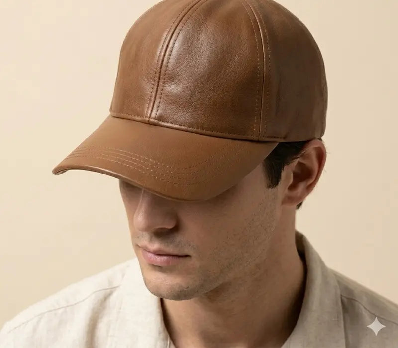 Man wearing a brown leather cap against a beige background