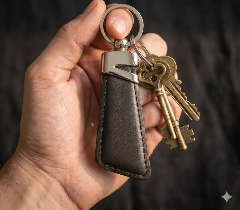 Hand holding a keychain with a leather pouch and vintage keys against a dark background