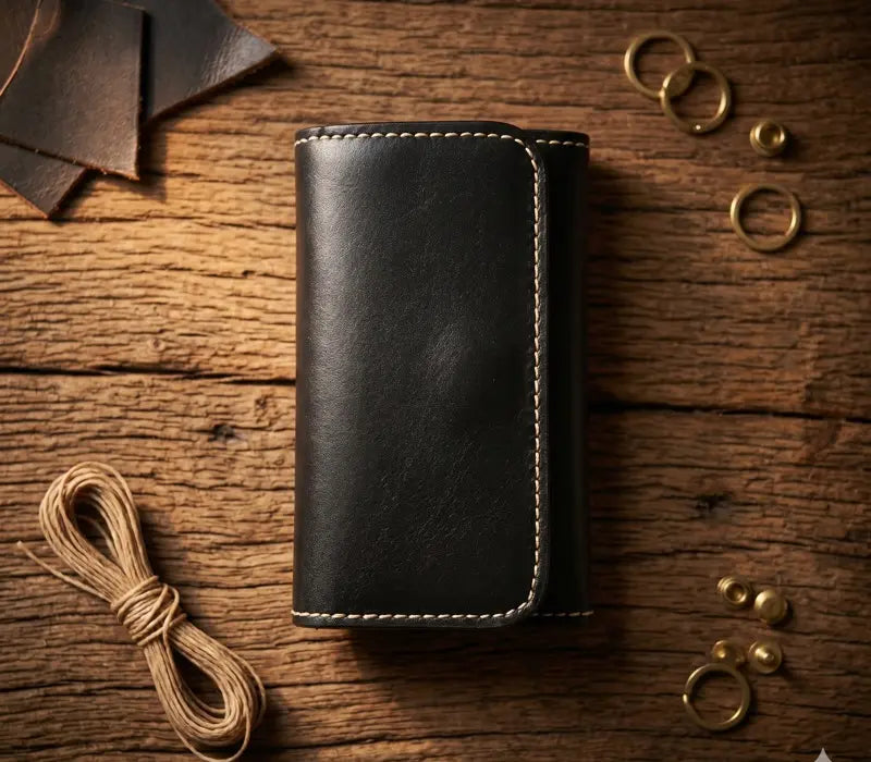 Black leather wallet on a wooden surface with gold rings and string