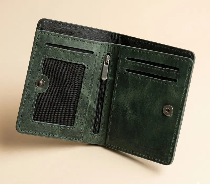 Green leather wallet with card slots and a zipper pocket on a beige background
