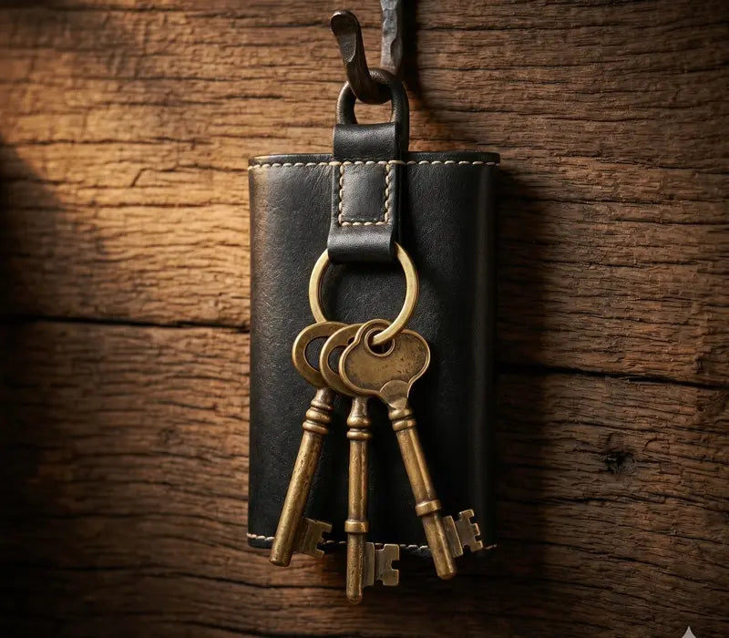 Set of vintage keys on a leather keychain against a wooden background