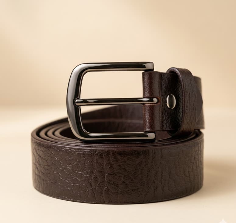 Brown leather belt with a black buckle on a beige background