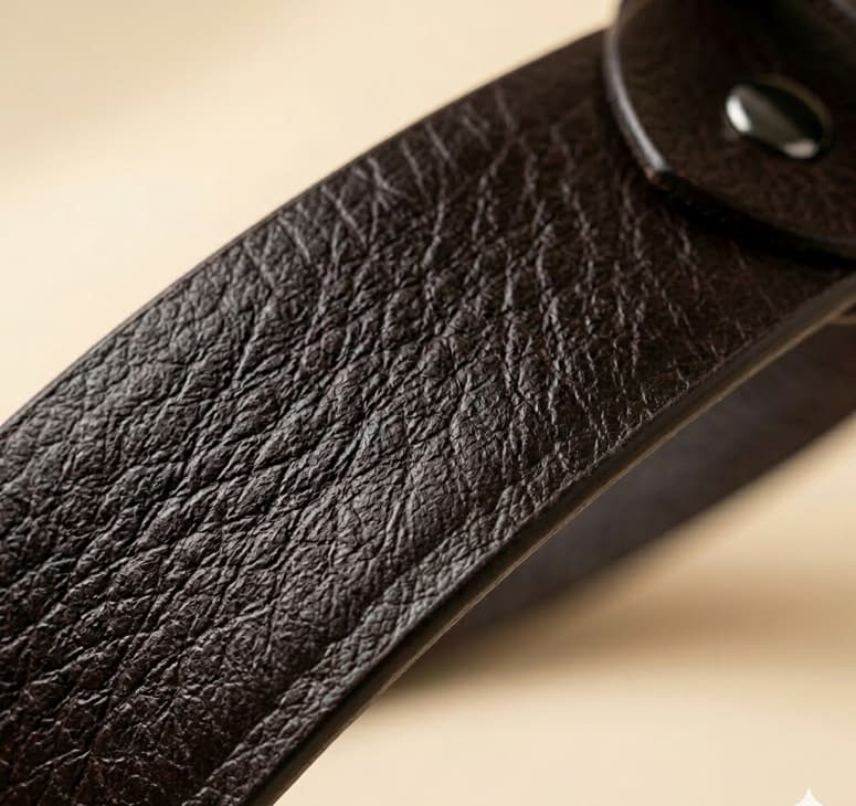 Close-up of a brown leather strap on a beige background