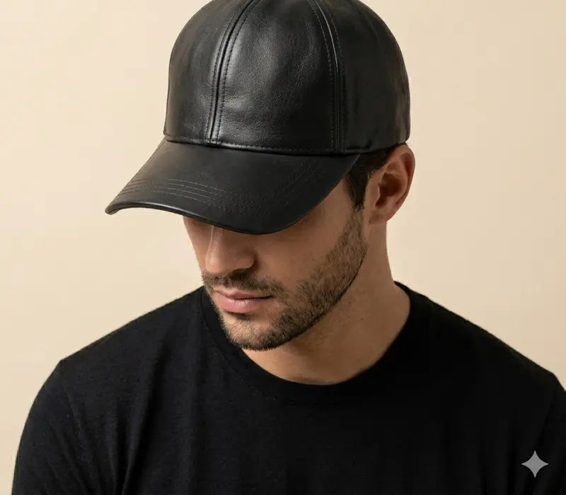 Black Full-Grain Handmade Leather Peaked Cap | JJ Leather Crafts