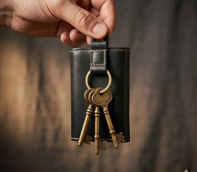 Hand holding a black leather key pouch with brass keys against a blurred background