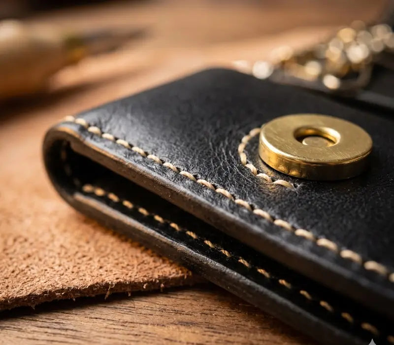 Close-up of a black leather wallet with gold button on a wooden surface