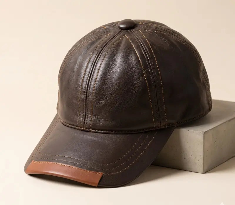 Brown leather cap on a beige background