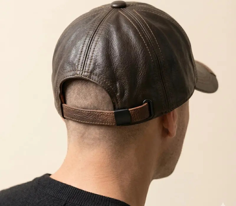 Brown leather cap worn by a person on a beige background