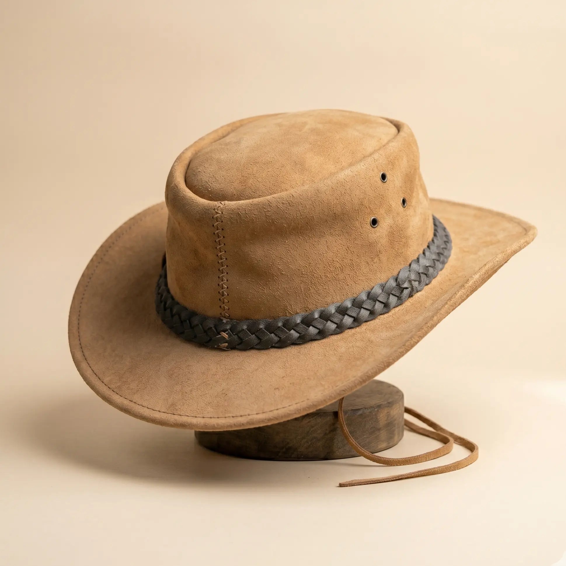 Brown cowboy hat with a braided band on a beige background