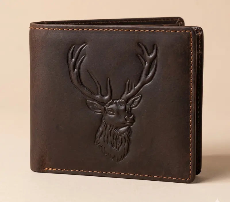 Brown leather wallet with deer head embossing on a beige background
