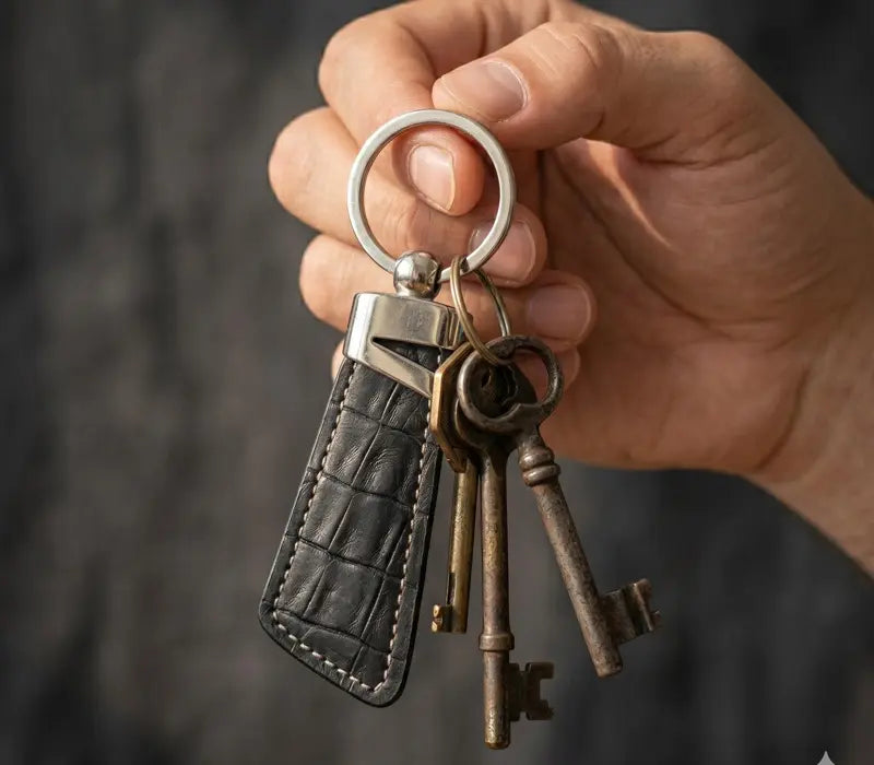 Hand holding a keychain with vintage keys and a leather pouch against a dark background