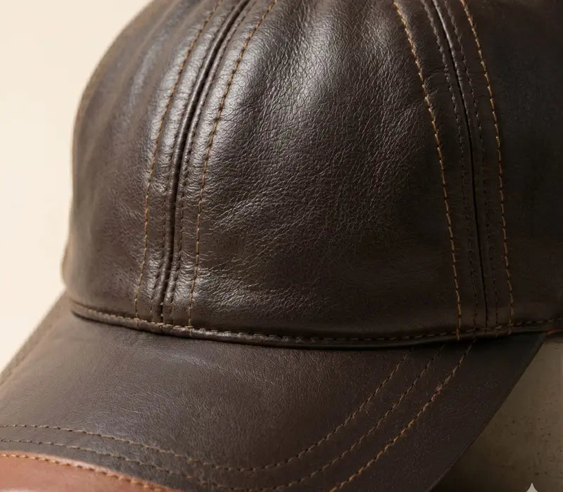Close-up of a brown leather baseball cap on a beige background
