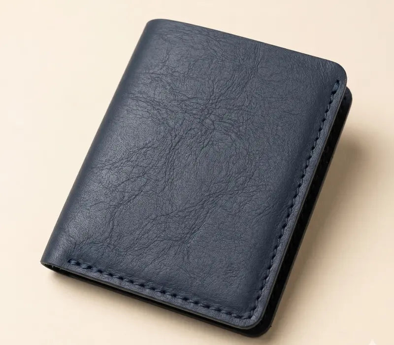 Blue leather wallet on a beige background
