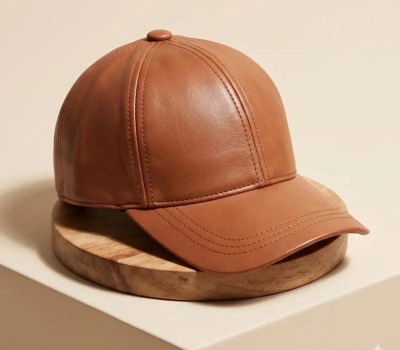 Brown leather cap on a wooden stand with a beige background