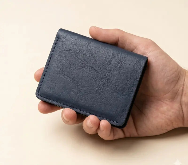 Hand holding a blue leather wallet against a beige background