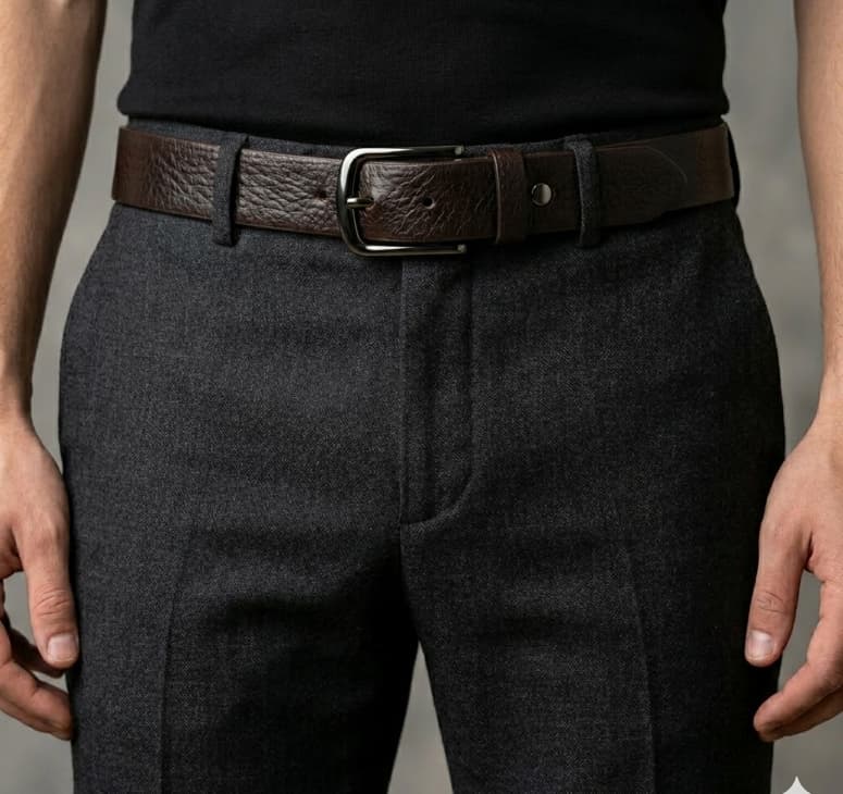 Person wearing a brown leather belt and dark gray pants against a neutral background