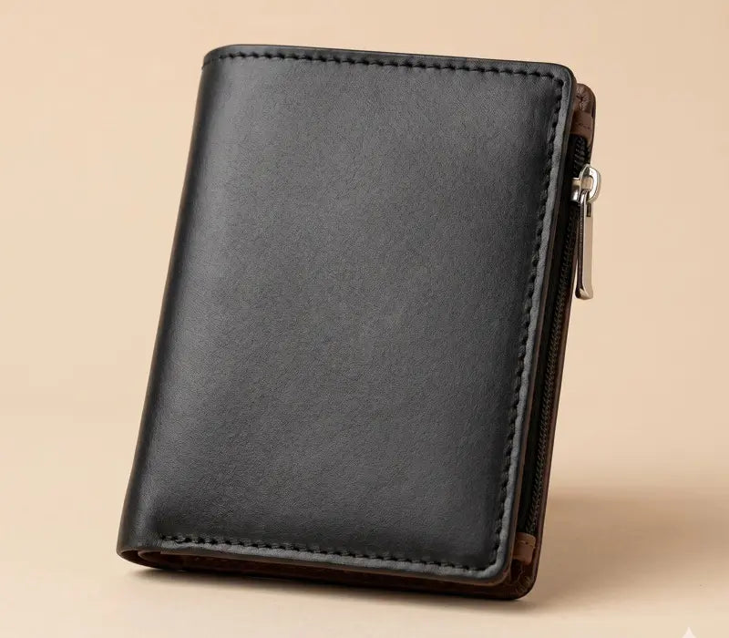 Black leather wallet with a zipper on a beige background