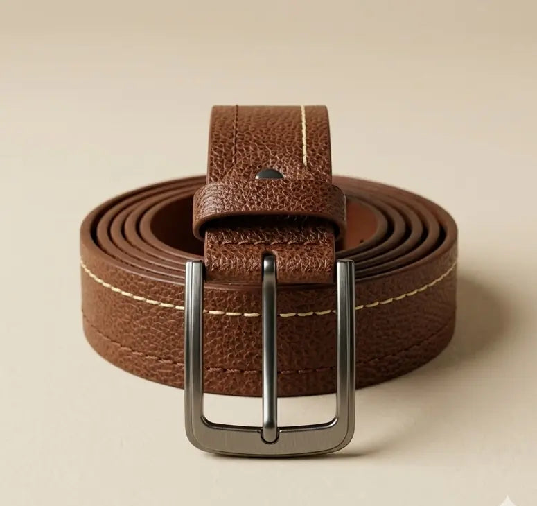 Brown leather belt with a silver buckle on a beige background