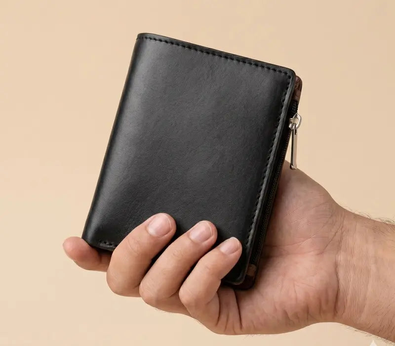 Hand holding a black leather wallet against a beige background