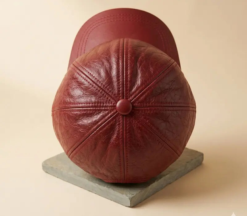 Brown leather cap on a wooden block with a beige background