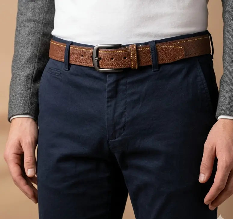Navy pants with a brown belt and white shirt on a beige background