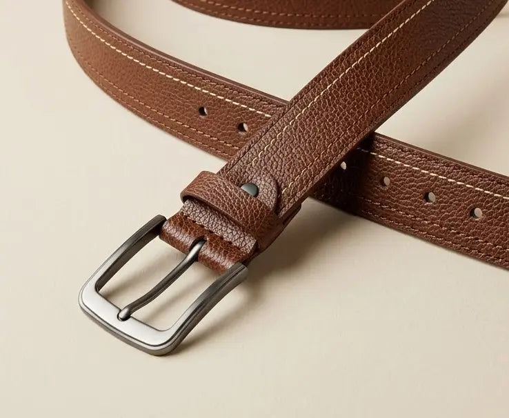 Brown leather belt with a silver buckle on a beige background