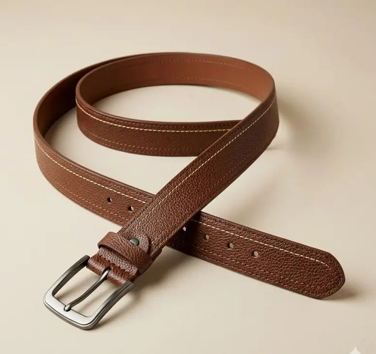 Brown leather belt with a silver buckle on a beige background