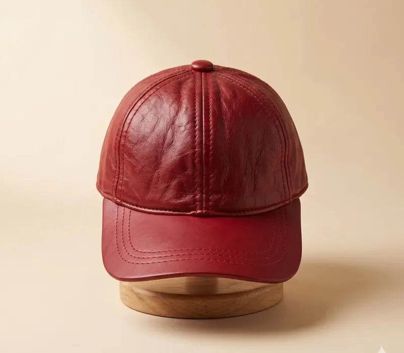 Red leather baseball cap on a beige background