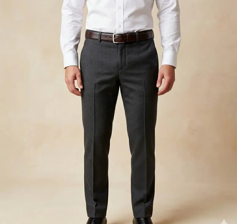 Person wearing a white dress shirt, gray pants, and a brown belt on a beige background
