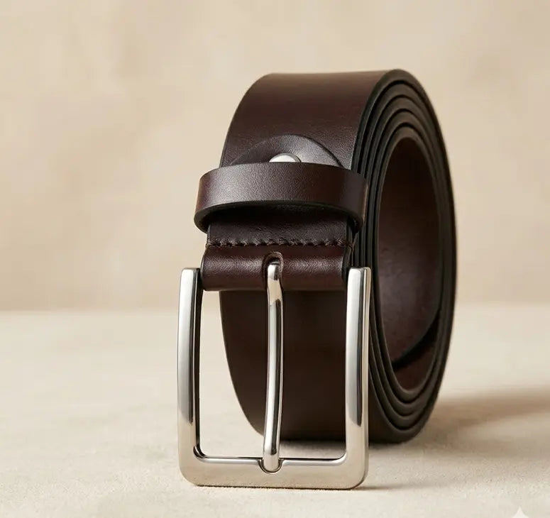 Brown leather belt with silver buckle on a beige background