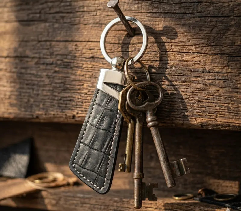 Keychain with vintage keys and a leather tag on a wooden surface
