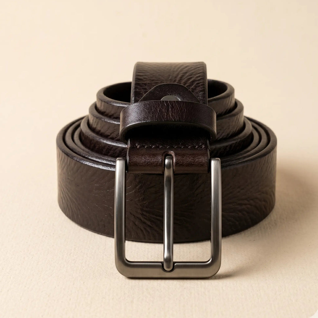 Brown leather belt with silver buckle on a beige background