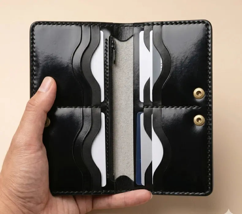 Black leather wallet with card slots held by a hand on a beige background