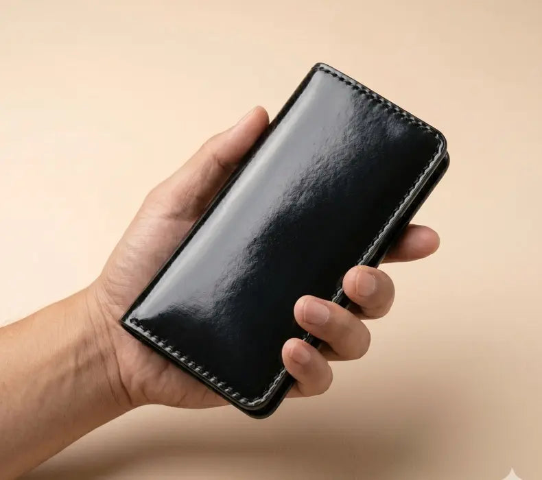 Hand holding a black leather wallet against a beige background