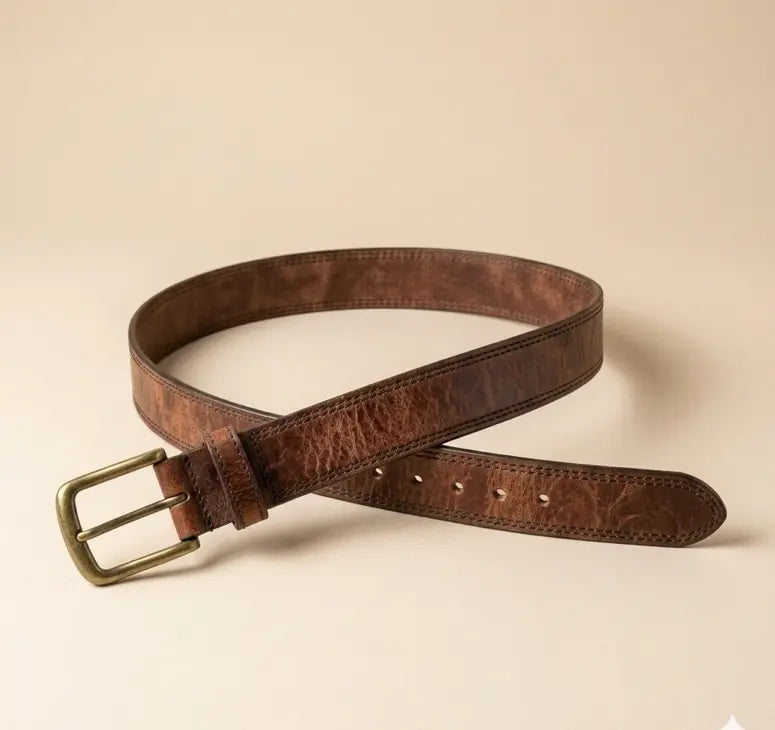 Brown leather belt with brass buckle on a beige background