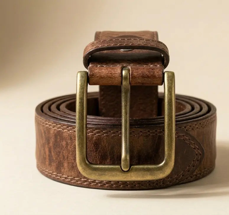 Brown leather belt with brass buckle on a beige background