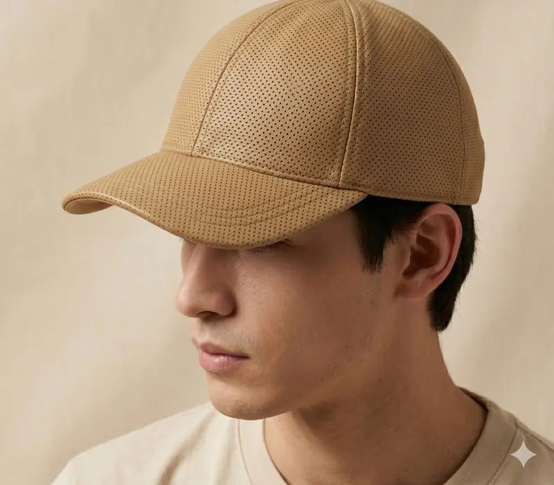 Man wearing a beige mesh cap against a neutral background
