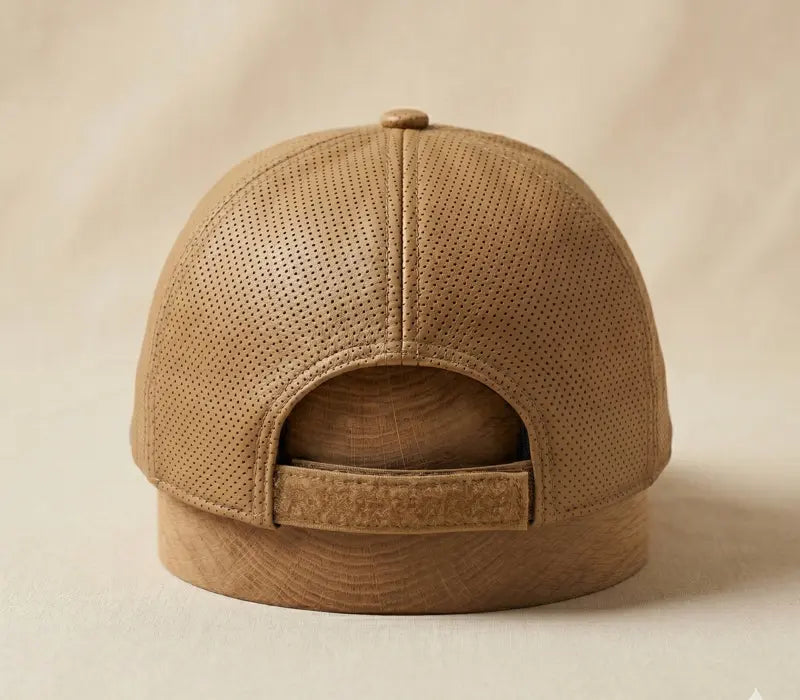 Brown baseball cap with mesh back on a beige background