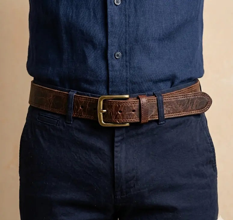 Person wearing a brown belt with a gold buckle on navy pants against a beige background
